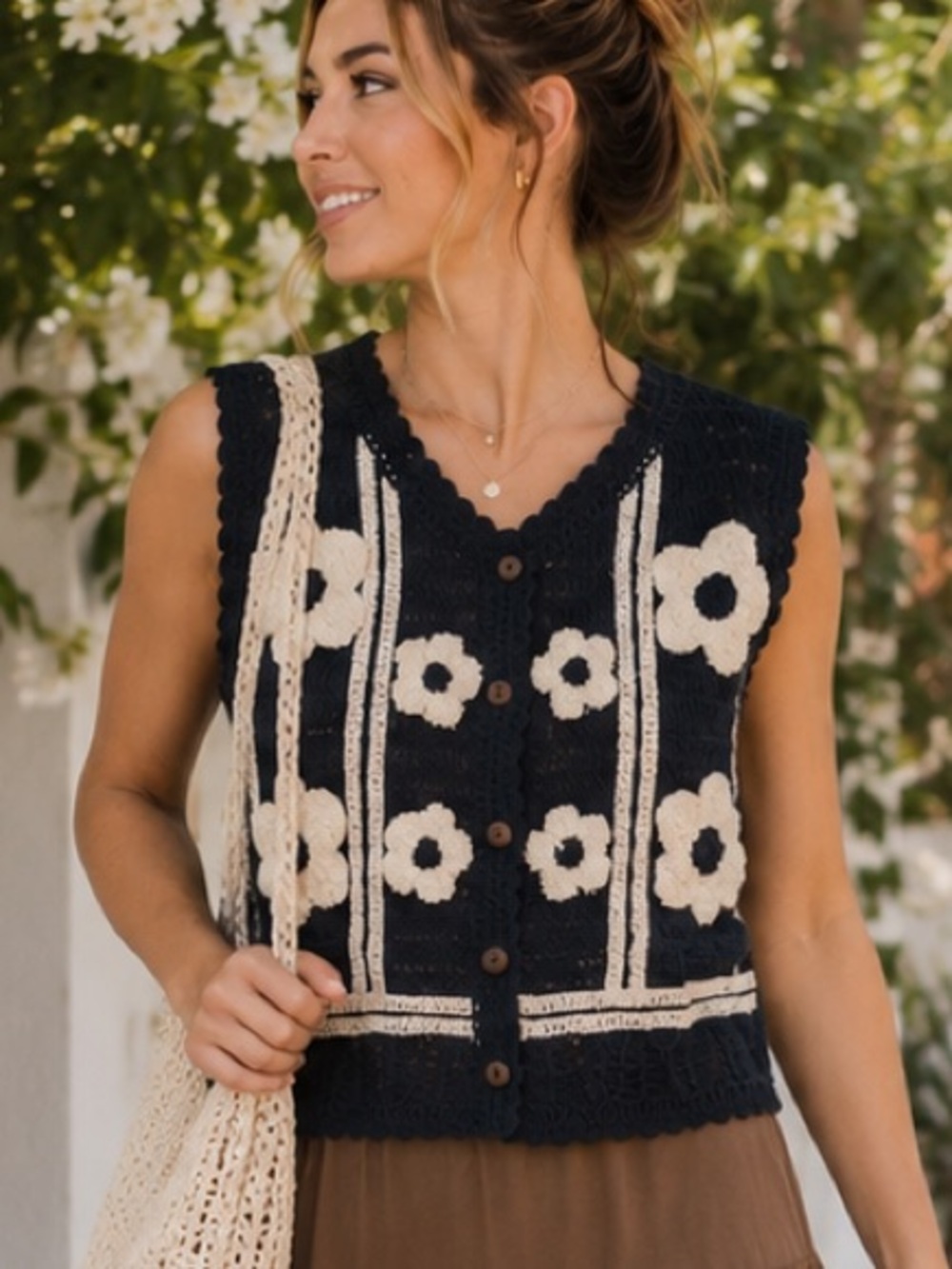 Crochet Cropped Vest Navy White Floral Button Front NWT OS